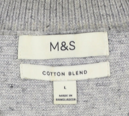 Marks and Spencer Men's Grey L 1/2 Zip Cotton Blend Jumper