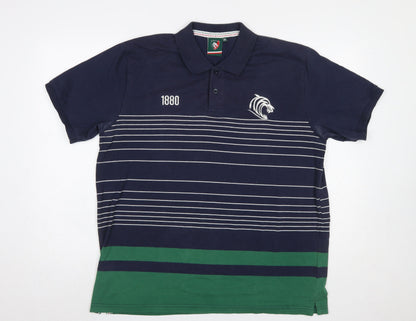 Leicester Tigers Men's Blue Striped 2XL Rugby Polo Shirt