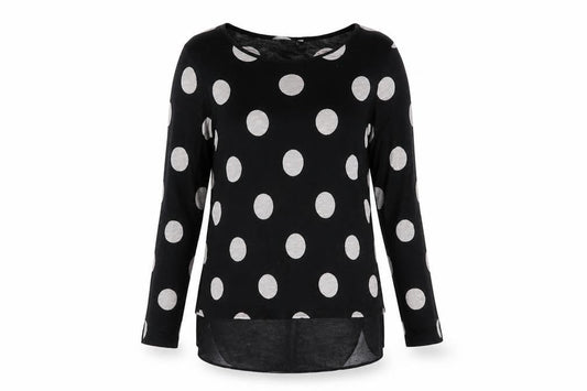 Front view of Roman Women’s Black Polka Dot Long Sleeve Tunic Blouse, size UK 12