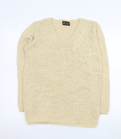 Be Yourself Womens Beige V-Neck Long Sleeve Pullover Jumper Size 14/16