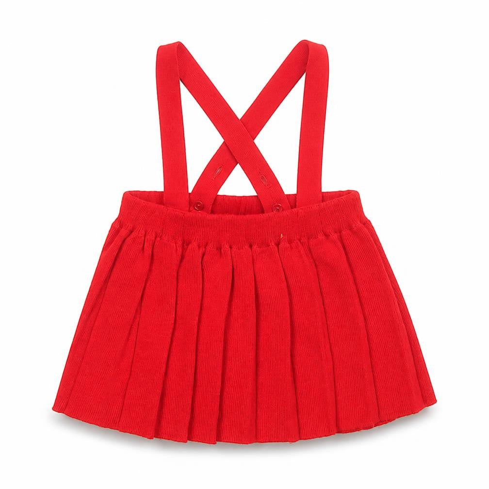 Front view of Kind and Gentle Red Pleated Knit Baby Skirt 6-9 Months unisex with straps