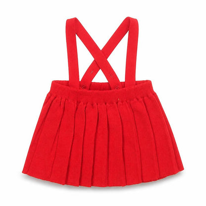 Front view of Kind and Gentle Red Pleated Knit Baby Skirt 6-9 Months unisex with straps