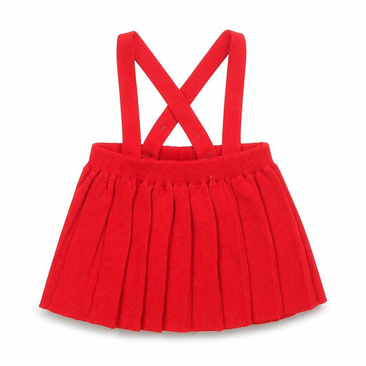 Front view of Kind and Gentle Red Pleated Knit Baby Skirt 6-9 Months unisex with straps