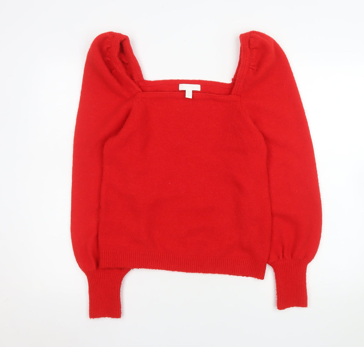 H&M Women Red Square Neck Puff Sleeve Pullover Jumper Size S