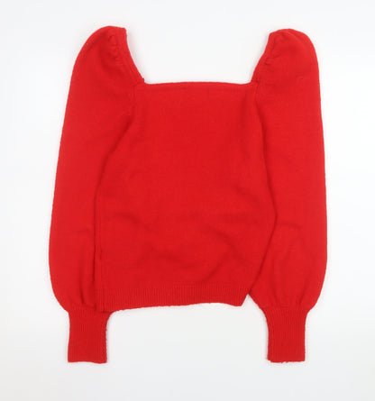 H&M Women Red Square Neck Puff Sleeve Pullover Jumper Size S