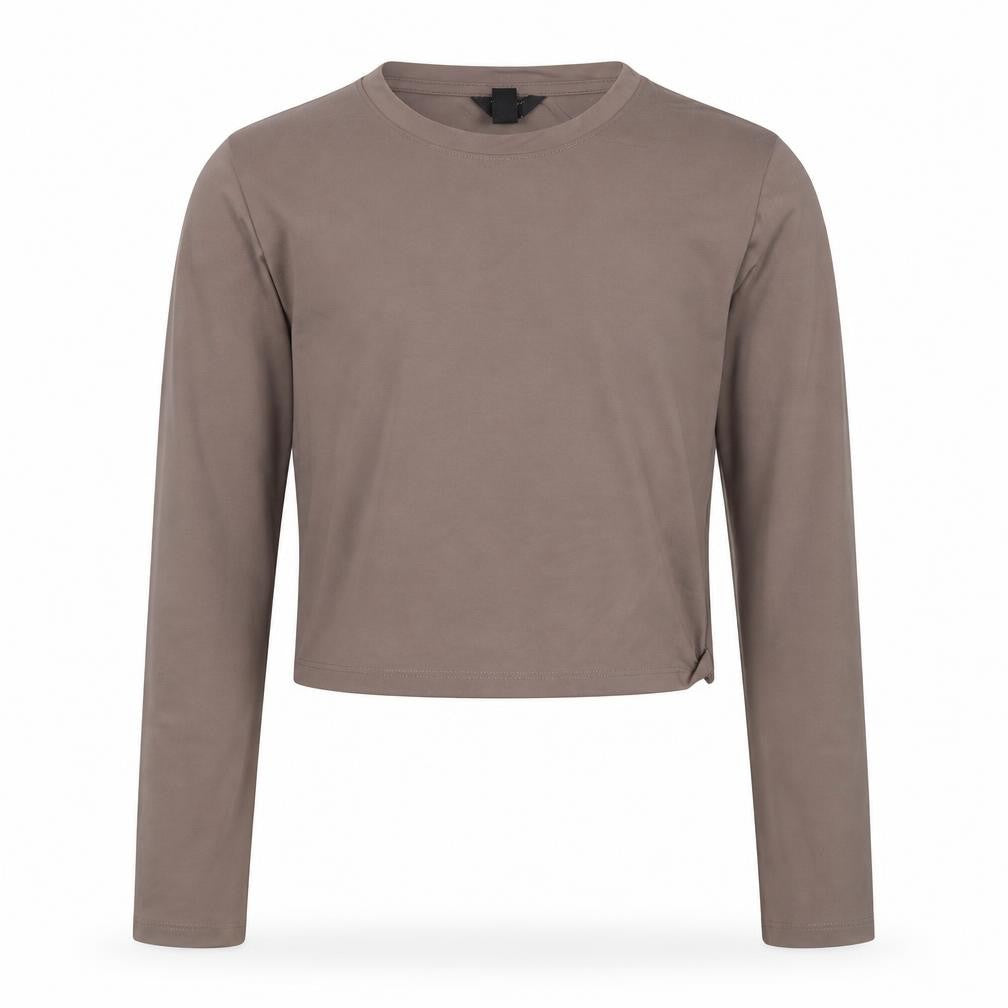 Front view of New Look girls’ brown cropped long sleeve jersey t-shirt age 14-15