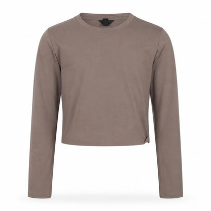 Front view of New Look girls’ brown cropped long sleeve jersey t-shirt age 14-15