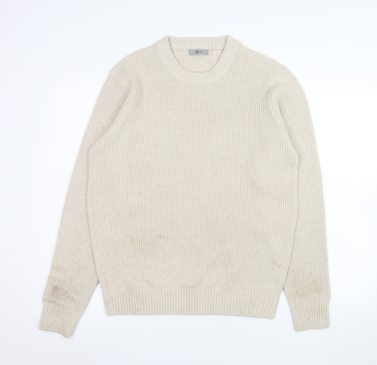 Tu Men Beige Ribbed Knit Crew Neck Pullover Jumper M