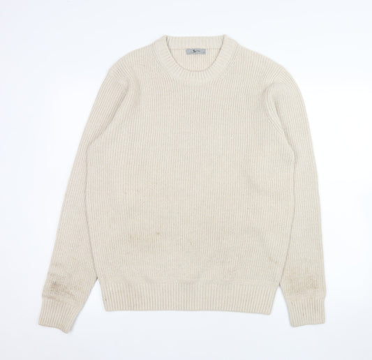 Tu Men Beige Ribbed Knit Crew Neck Pullover Jumper M