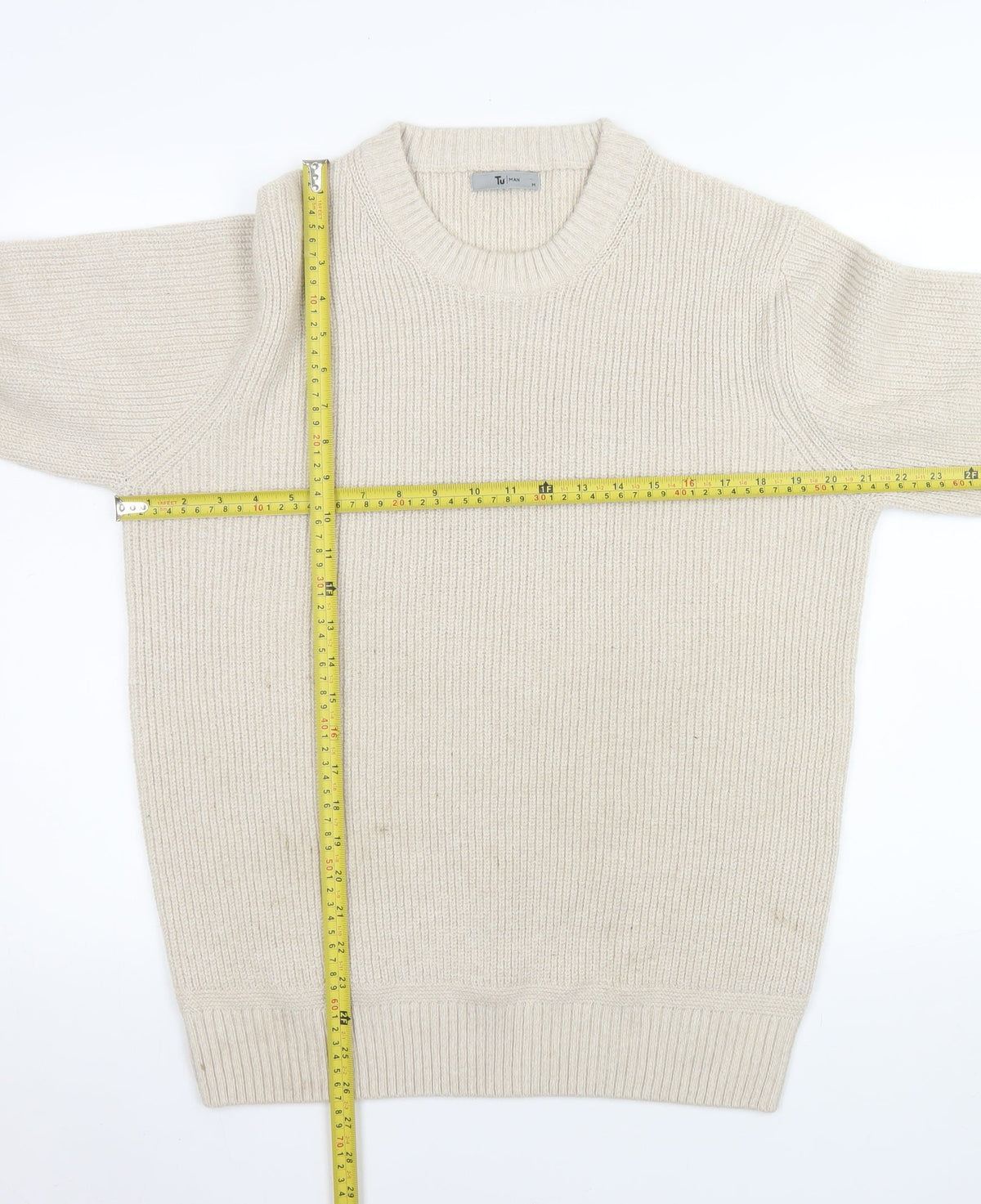 Tu Men Beige Ribbed Knit Crew Neck Pullover Jumper M