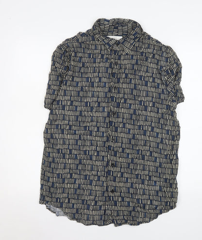 Marks and Spencer Men's Blue Geometric Short Sleeve Viscose Button-Up Shirt Medium