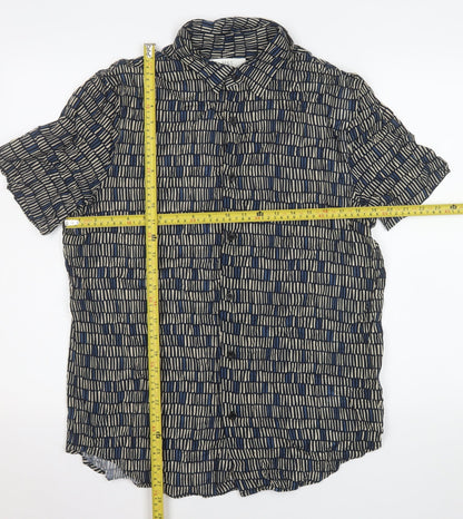 Marks and Spencer Men's Blue Geometric Short Sleeve Viscose Button-Up Shirt Medium