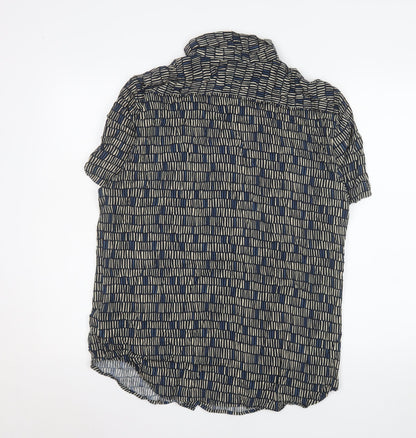 Marks and Spencer Men's Blue Geometric Short Sleeve Viscose Button-Up Shirt Medium