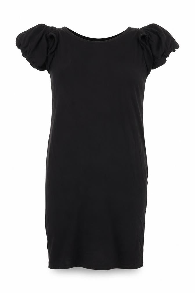 Front view of ASOS Women Black, size 10, Bodycon Short Puff Sleeve Stretch Dress
