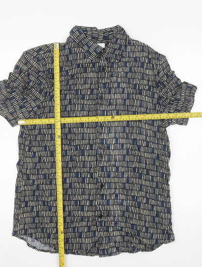Marks and Spencer Men's Blue Geometric Short Sleeve Viscose Shirt M