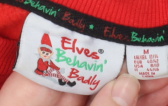 Womens UK Size M Elves Behavin' Badly Red Pullover Sweatshirt