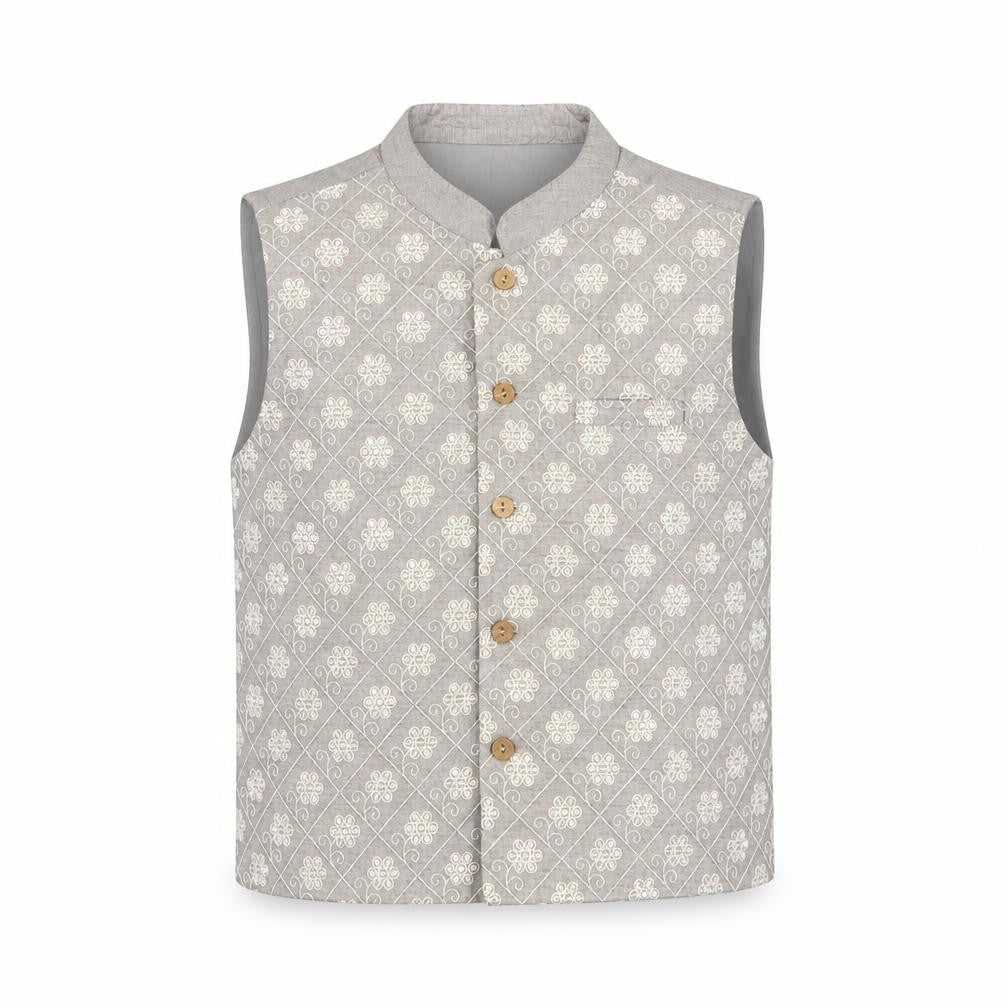 Front view of Babyhug boys’ grey printed polyester waistcoat 3-4 years formal traditional