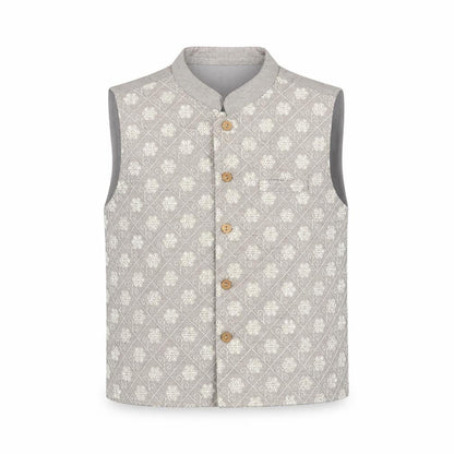 Front view of Babyhug boys’ grey printed polyester waistcoat 3-4 years formal traditional