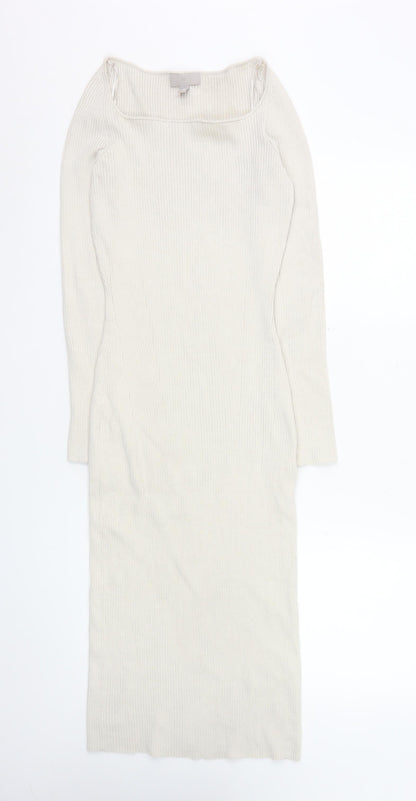H&M Women Ivory Knit Bodycon Midi Dress Size 10 Long Sleeve