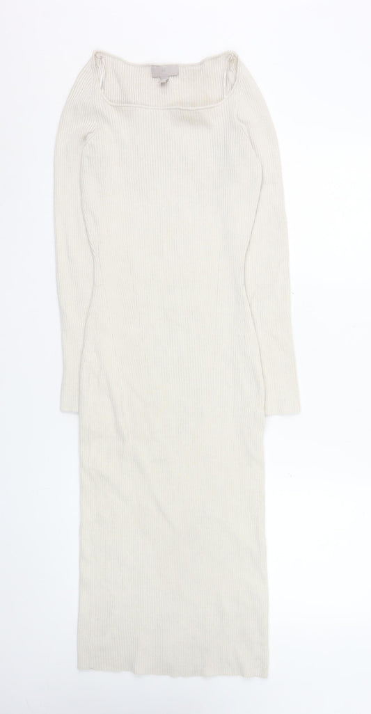 H&M Women Ivory Knit Bodycon Midi Dress Size 10 Long Sleeve