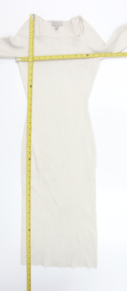 H&M Women Ivory Knit Bodycon Midi Dress Size 10 Long Sleeve