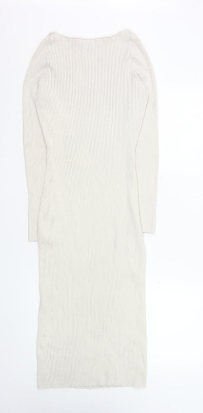 H&M Women Ivory Knit Bodycon Midi Dress Size 10 Long Sleeve
