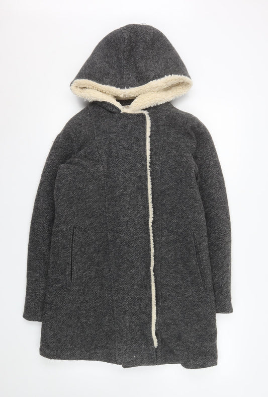 Zara Women Grey Wool Blend Hooded Long Coat XS