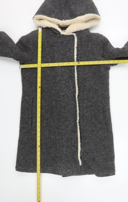 Zara Women Grey Wool Blend Hooded Long Coat XS
