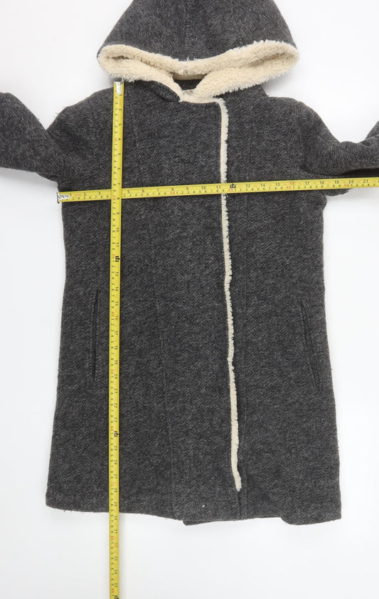 Zara Women Grey Wool Blend Hooded Long Coat XS