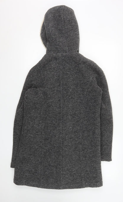 Zara Women Grey Wool Blend Hooded Long Coat XS