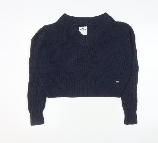 Hollister Women's Navy V-Neck Chunky Knit Jumper Size S