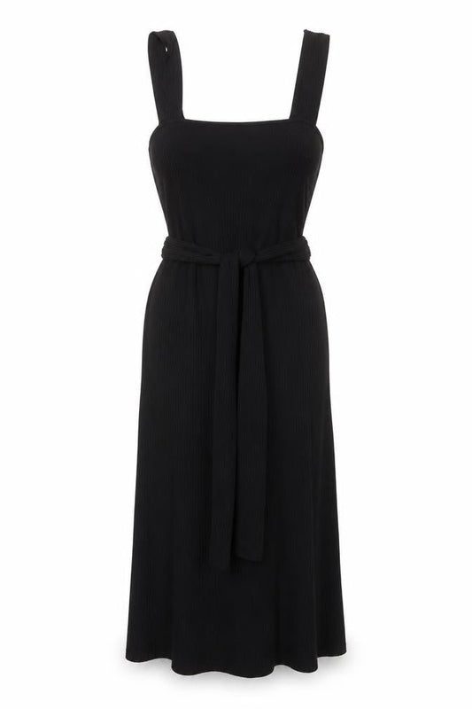 Front view of Miss Selfridge Women’s Black Bodycon Midi Dress, size UK 14, Stretch Knit