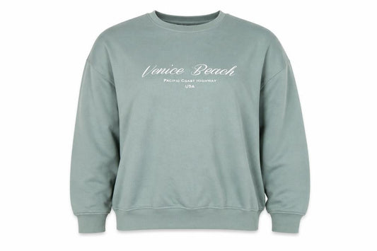 Front view of Dunnes Women’s Sage Green Venice Beach Print Sweatshirt XL