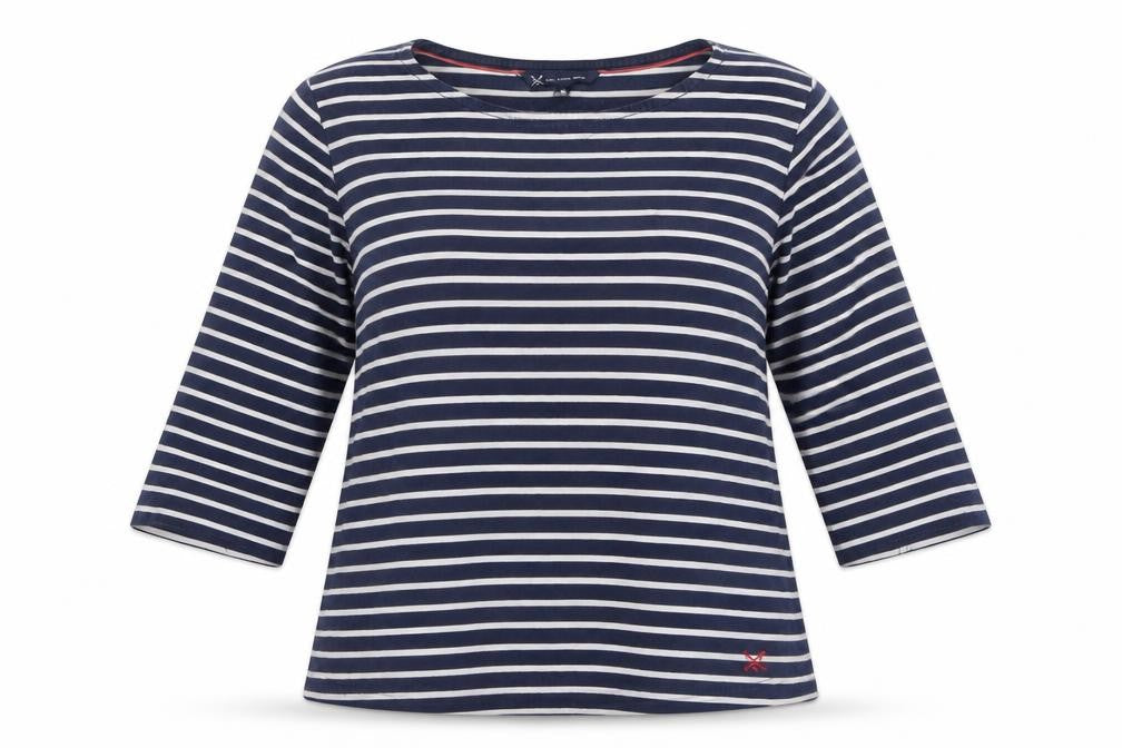 Front view of Crew Clothing Women Blue Striped Cotton 3/4 Sleeve T-Shirt, size 14