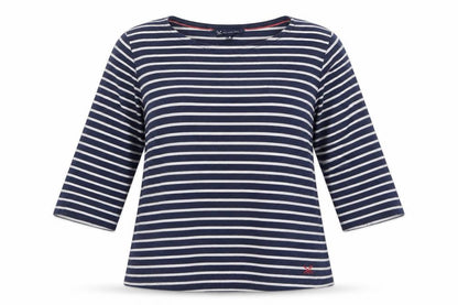 Front view of Crew Clothing Women Blue Striped Cotton 3/4 Sleeve T-Shirt, size 14