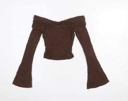 Oh Polly Women Brown Off Shoulder Cropped Long Sleeve Blouse XS