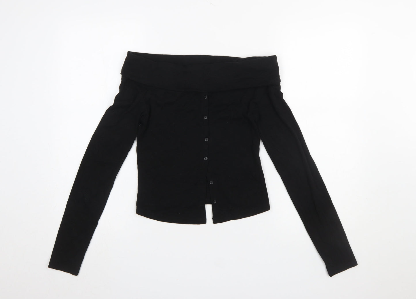 Womens UK Size M Bershka Black Cropped Button-Up