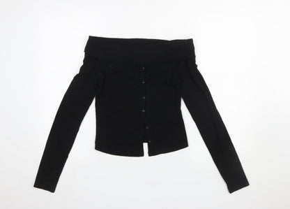 Womens UK Size M Bershka Black Cropped Button-Up