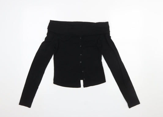Womens UK Size M Bershka Black Cropped Button-Up