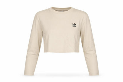 Front view of Adidas Women's Beige Cropped Long Sleeve Slim Fit T-Shirt, size 8