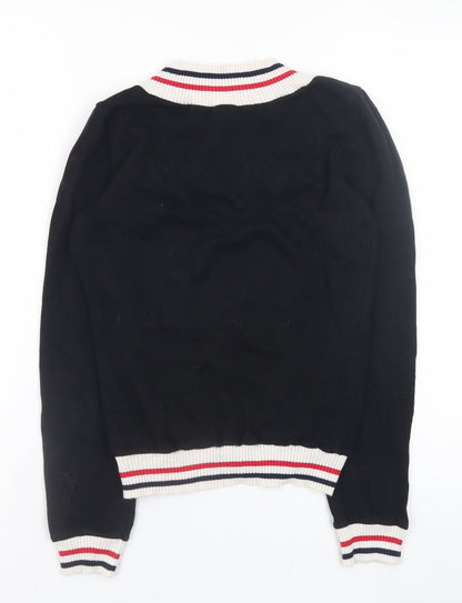 Tommy Hilfiger Womens Black V-Neck Knit Jumper Size M Cotton Retro Style