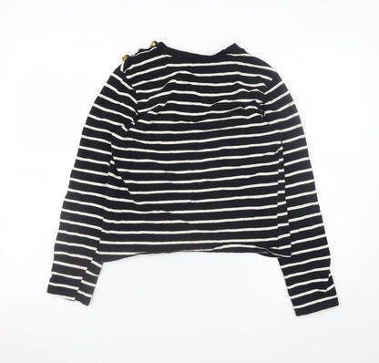 H&M Women Black White Striped Long Sleeve Cotton Boat Neck Top Size S