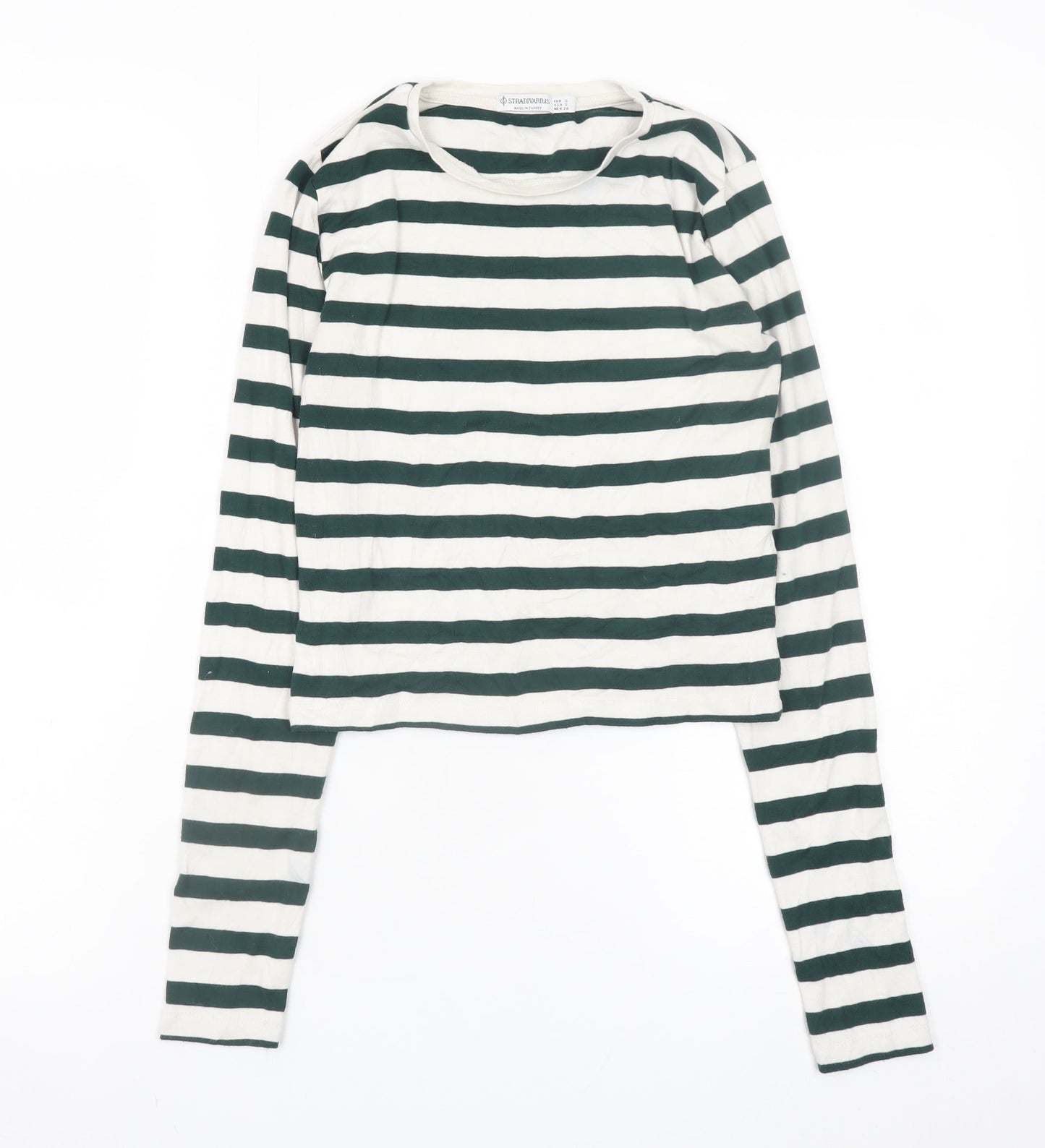 Stradivarius Women's Green White Striped Cropped Long Sleeve T-Shirt Size S