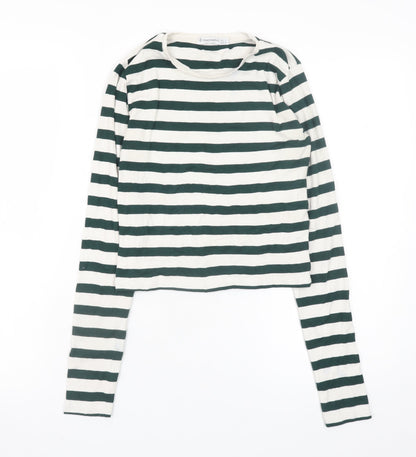 Stradivarius Women's Green White Striped Cropped Long Sleeve T-Shirt Size S