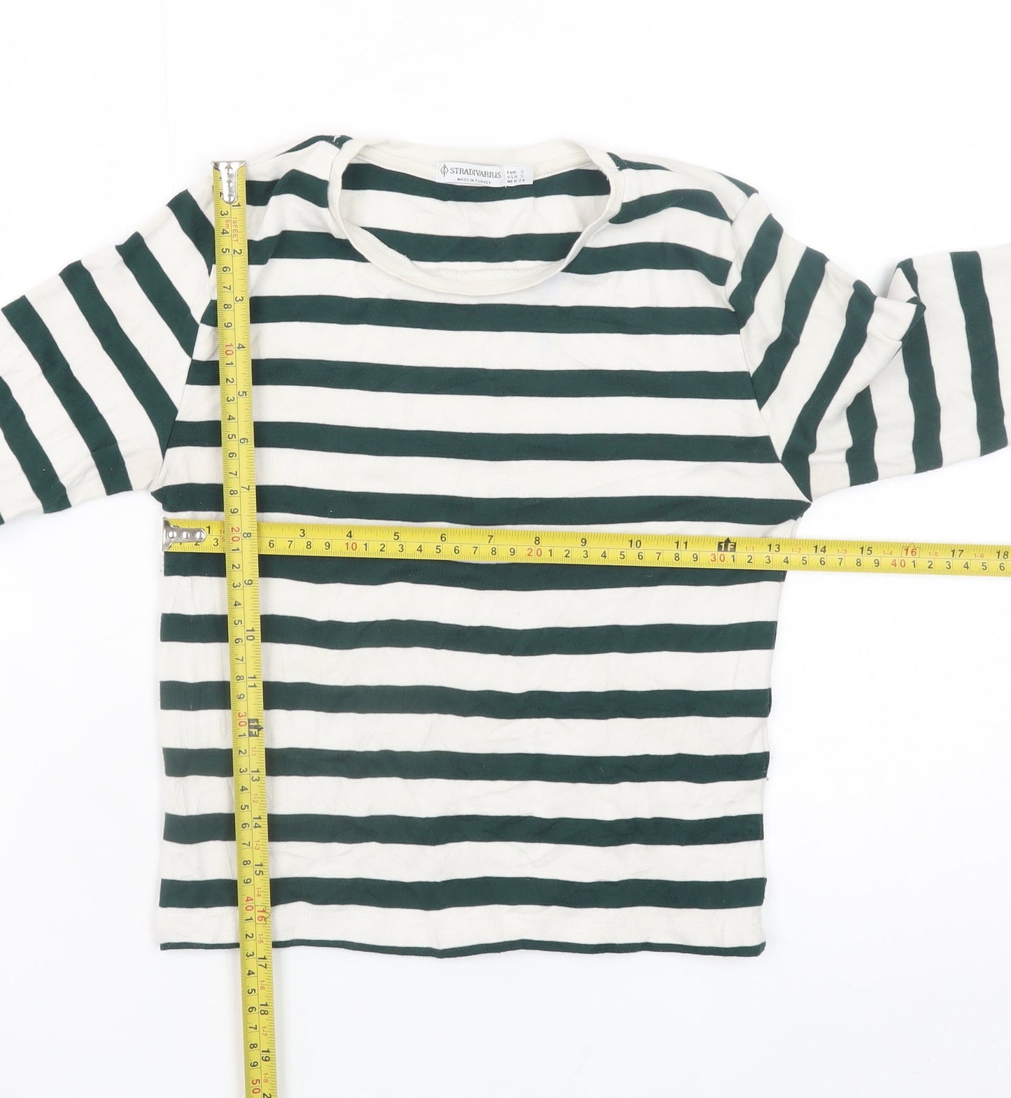Stradivarius Women's Green White Striped Cropped Long Sleeve T-Shirt Size S