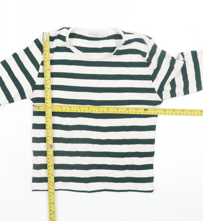 Stradivarius Women's Green White Striped Cropped Long Sleeve T-Shirt Size S