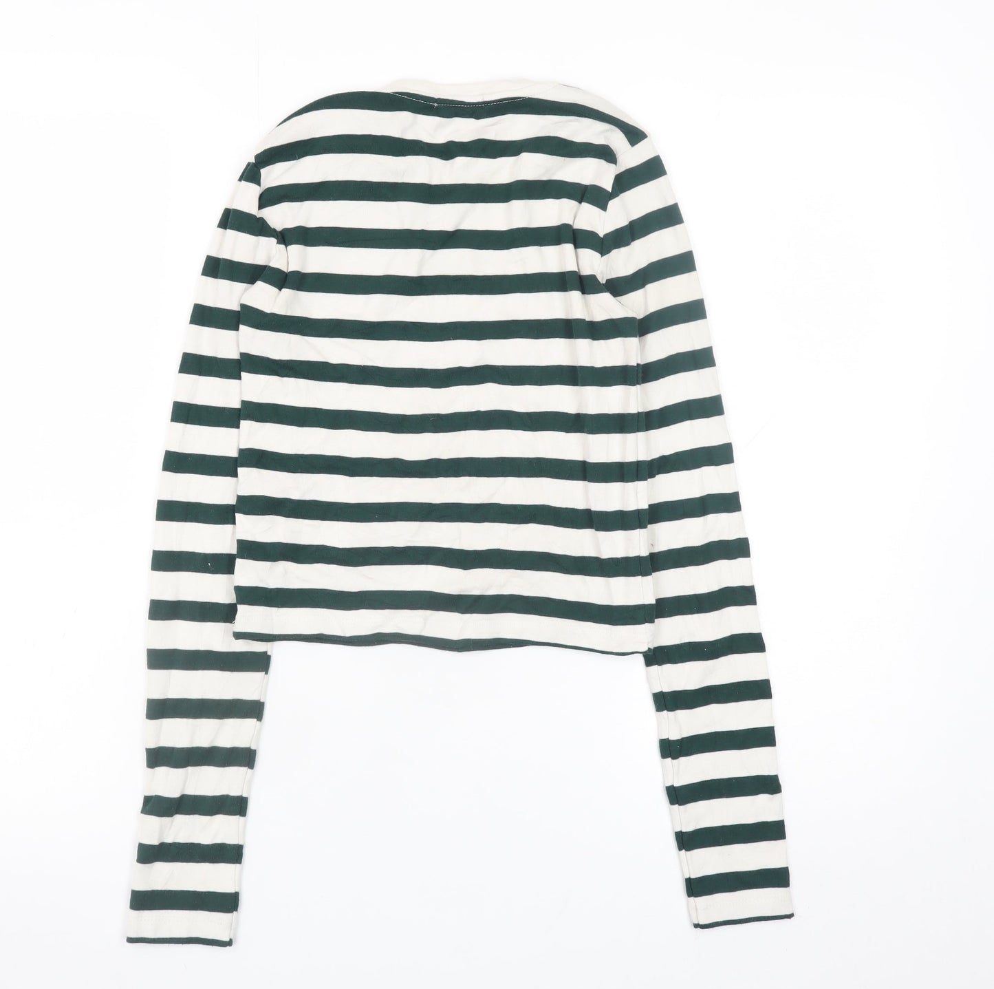 Stradivarius Women's Green White Striped Cropped Long Sleeve T-Shirt Size S