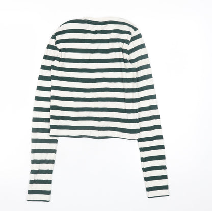 Stradivarius Women's Green White Striped Cropped Long Sleeve T-Shirt Size S