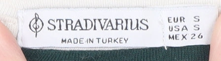 Stradivarius Women's Green White Striped Cropped Long Sleeve T-Shirt Size S