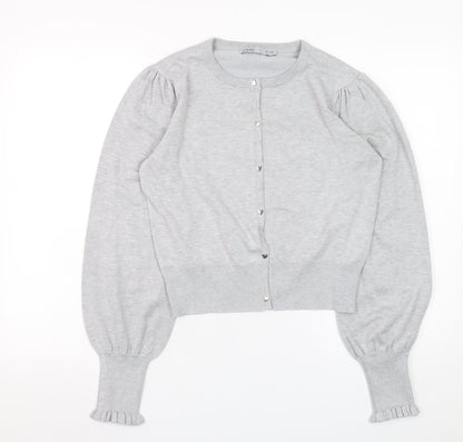 Oasis Women Grey Puff Sleeve Knit Cardigan M